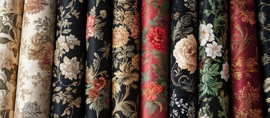 Rich Damask fabric showcasing complex floral patterns in deep reds, blacks, and creams, elegantly arranged in vertical rolls for textile design.