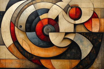 Abstract artwork featuring curves and circles in warm tones and contrasting shapes complemented by textured backgrounds