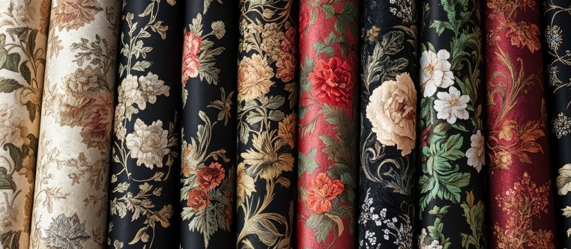 Rich Damask fabric showcasing complex floral patterns in deep reds, blacks, and creams, elegantly arranged in vertical rolls for textile design.