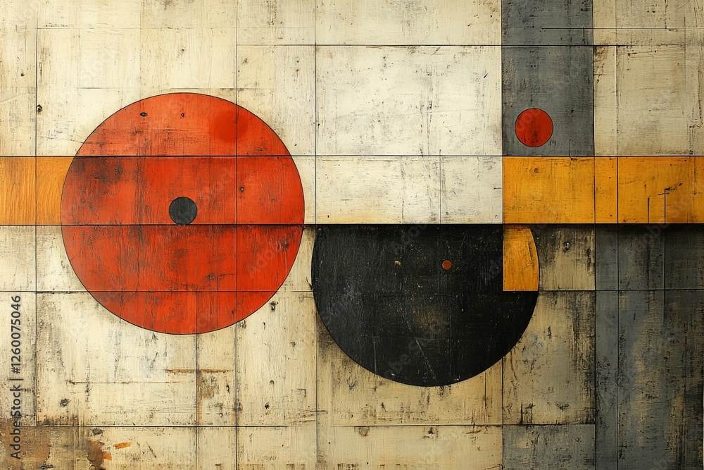 Poster contemporary abstract artwork featuring geometric shapes and a wooden texture in a modern gallery se