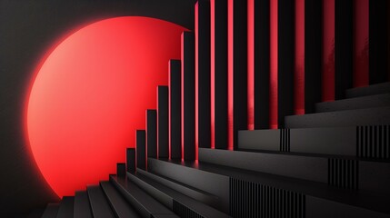 Fototapeta premium Abstract Red and Black Architectural Staircase Design with a Large Red Circle Background
