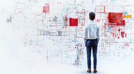 Man observing creative sketchnote on wall, immersed in ideas and inspiration