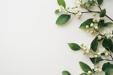 Fototapeta premium White flowers and green leaves on a white background
