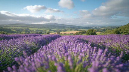 Naklejka premium Serene lavender fields under blue sky with rolling hills in background