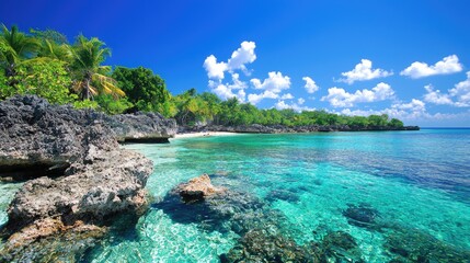 Obraz premium Tropical beach paradise with turquoise water, lush vegetation, and clear sky. Possible use Stock photo for travel advertisements, tourism brochures