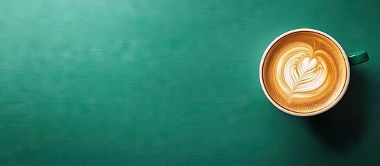 Top down view of a latte with intricate foam art in a green cup on a vibrant green background, wooden table, ample space for text on the left.