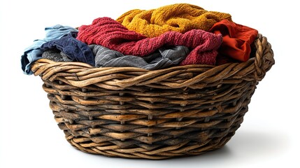 clothes filled overturned laundry basket isolated on whit