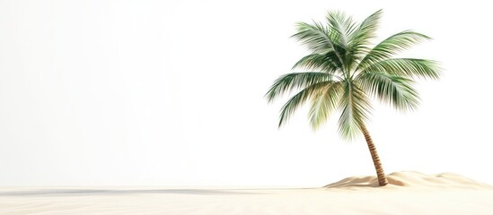 Obraz premium Tranquil tropical scene featuring a single palm tree on sandy ground against a pristine white background, evoking relaxation and serenity.