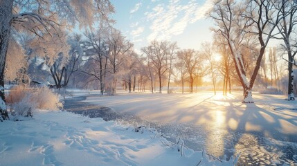 Obraz premium Winter Wonderland: Sunrise Over Frozen Lake and Snow-Covered Trees