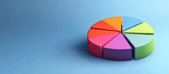 Obraz premium Colorful segmented pie chart on a blue background with ample copy space for business presentations and web designs showcasing data visualization.