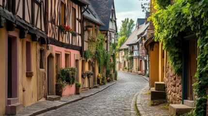 Fototapeta premium Quaint Cobblestone Street Through Historic European Village: Picturesque and Nostalgic Backdrop for Text or Graphics, Charming Village Details