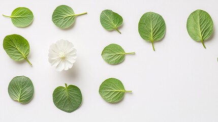 Andrographis paniculata plant with several vibrant leaves and one white flower in full bloom, captured on a plain white background with copy space for text. Andrographis paniculata, plant, flower, 