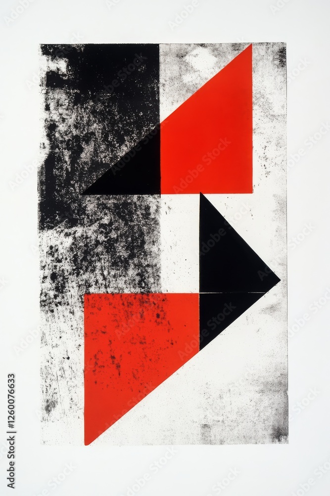 Poster Abstract geometric print with red and black triangles on a textured white background.