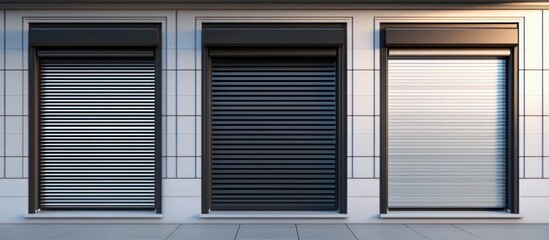 Variety of modern roller shutters in gray and white displayed on a contemporary facade showcasing sleek designs for stylish window treatments