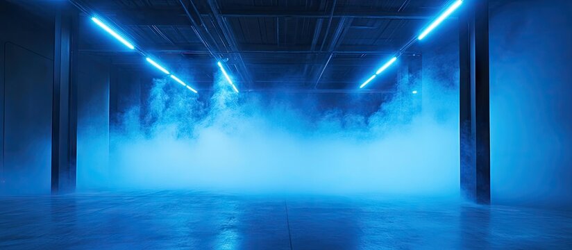 Mysterious empty room with blue lighting and smoke creating an atmospheric ambiance; vertical view highlighting eerie shadows and foggy depth.