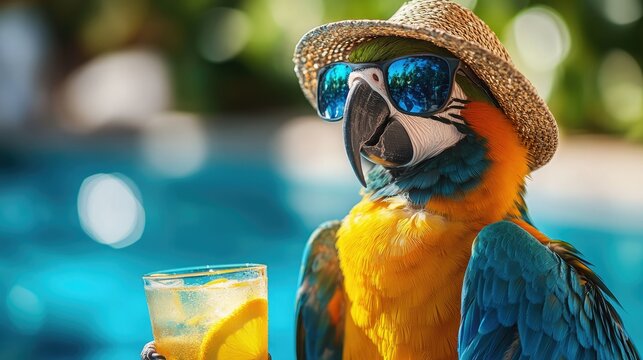 Colorful parrot wearing sunglasses and a straw hat enjoys refreshing drink by a swimming pool on a sunny day