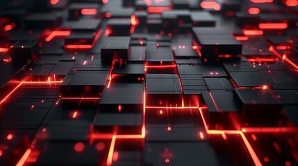 Obraz premium Abstract 3D Render of Black Cubes with Red Neon Lights Illuminated Circuit Board Technology Background