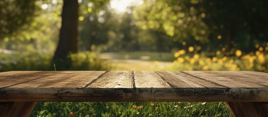 Naklejka premium Wooden table in foreground with detailed texture against a vibrant blurred green park backdrop highlighting natural light and serene atmosphere.