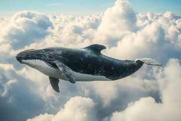 Fototapeta premium Majestic flying whale glides effortlessly among fluffy white clouds in a breathtaking sky