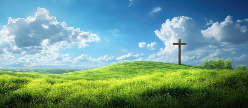 Wooden cross positioned on a vibrant green hill under a bright blue sky with fluffy clouds creating a serene natural landscape symbolizing faith