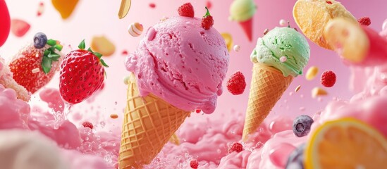 Colorful ice cream cones in pink background with strawberries and mint, portraying a lively sense of buoyancy and motion in vibrant 3D design