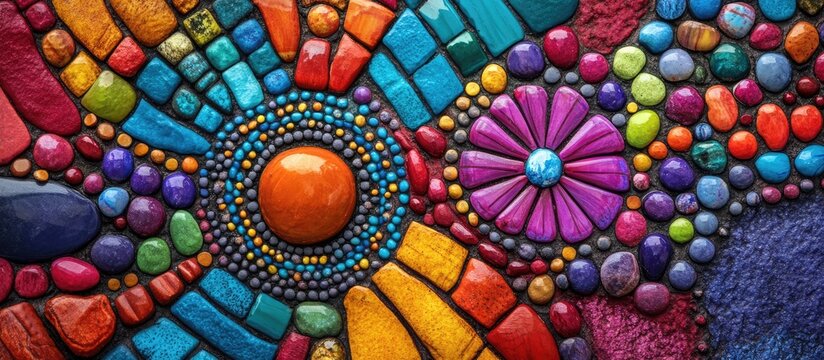 Vibrant chaquira pattern featuring an array of colorful stones in circular and floral designs with bright blues, purples, oranges, and greens.