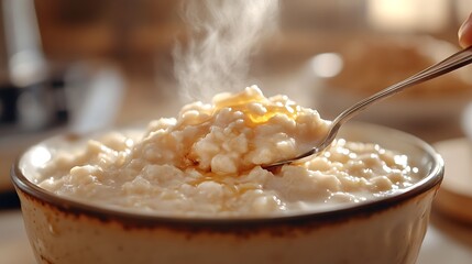 A close-up shot of a spoon lifting creamy Irish Flahavan's porridge, the oats glistening with honey and milk, steam rising, blurred background of a warm Irish kitchen, cinematic lighting,