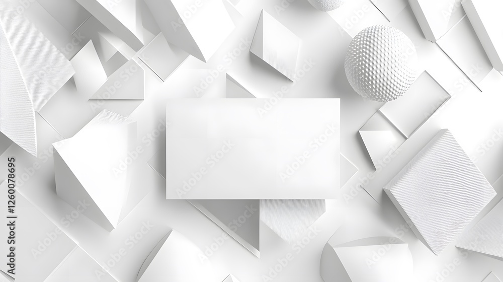 Poster an arrangement of angular and spherical white shapes with card