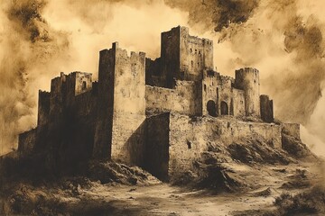 Fototapeta premium Ancient fortress perched on a rugged hill under a dramatic sky at dusk