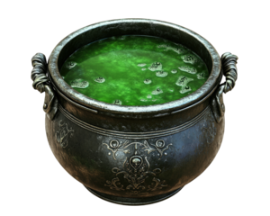 cauldron bubbling with green magical potion, creating eerie atmosphere. metallic surface reflects light, enhancing mystical vibe of scene