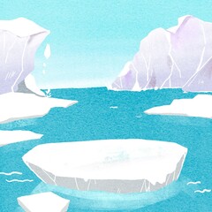 温暖化の影響で氷山が溶けてきて流氷が浮かんでいる、北極の風景イラスト