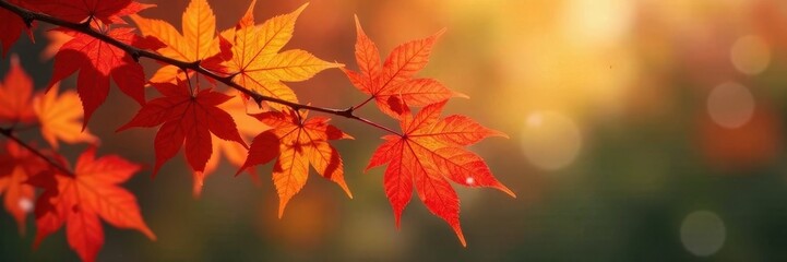 Obraz premium Vibrant red, orange, yellow maple leaves cluster on a branch , november, autumn, forest