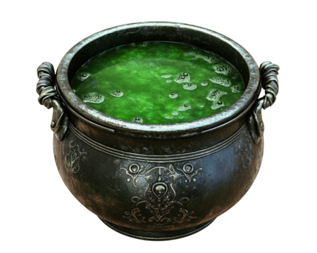 cauldron bubbling with green magical potion, creating eerie atmosphere. metallic surface reflects light, enhancing mystical vibe of scene