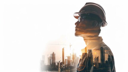 Fototapeta premium Construction Worker Silhouette Over Cityscape at Sunset