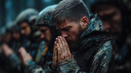 Obraz premium Soldiers bow their heads in solemn prayer during a memorial service in a forest setting