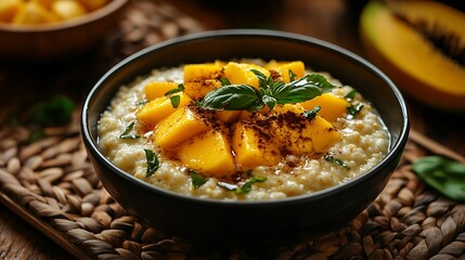 A cozy island-inspired breakfast, a stylishly plated bowl of Jamaican Cornmeal Porridge with fresh mango slices, cinnamon dusting, and a drizzle of agave syrup,