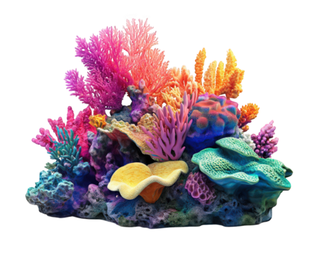 Vibrant coral reef with colorful corals, sea plants, and marine life. This underwater scene showcases variety of textures and hues, creating lively marine ecosystem