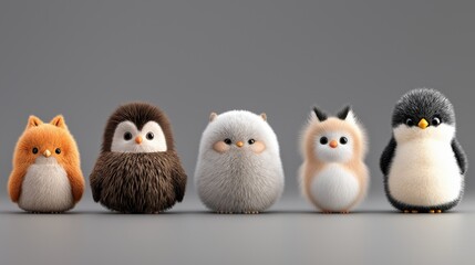 Cute collection of plush wild animals featuring fox, owl, bear, cat, and penguin in a playful arrangement on a soft background