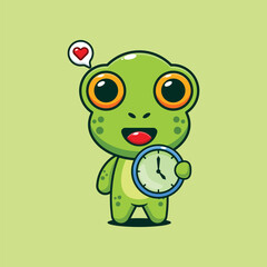 Cute frog with clock cartoon vector illustration