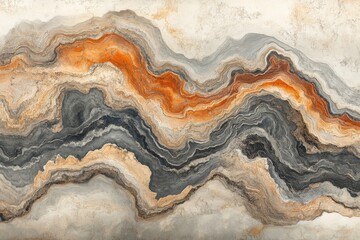 Abstract artwork featuring flowing patterns in shades of orange, gray, and cream evoking natural textures and landscapes