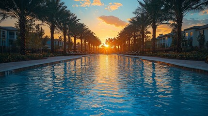 Sunset over resort pool, palm trees, apartments