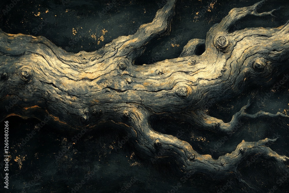 Poster intricate texture of an aged tree branch showing unique patterns and colors against a dark backgroun