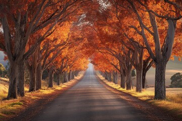 Autumn road, vibrant foliage, hills, sunrise, scenic drive, nature wallpaper