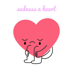 Doodle cartoon heart character sitting in heartbreak with sad mood. Depression, melancholy, loneliness, and despair concept. Cute mascot showing sorrow and emotional pain. Flat vector isolated icon