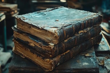 Old leather-bound books stacked on a rustic table in a dusty library during the afternoon light