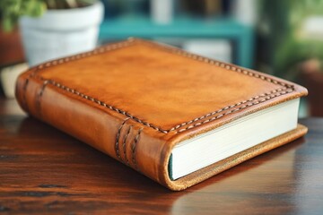 Leather bound journal rests on a wooden table in a cozy indoor setting filled with plants and natural light
