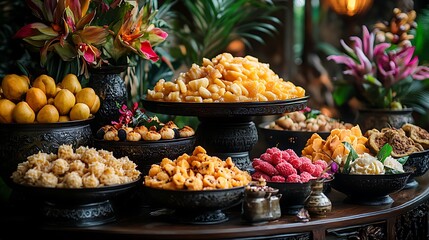 A festive dessert table featuring Bubur Ketan Hitam in elegant serving bowls, surrounded by traditional Indonesian sweets and tropical fruits, rich and vibrant colors, warm moody lighting,