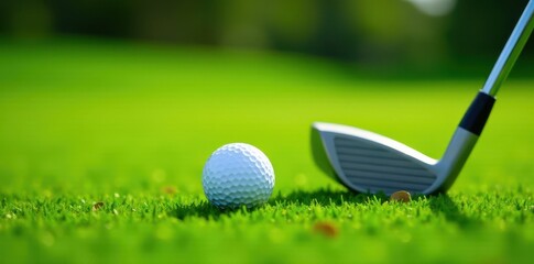 Closeup of golf ball and club on lush green grass , equipment, practice, healthy