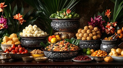 A festive dessert table featuring Bubur Ketan Hitam in elegant serving bowls, surrounded by traditional Indonesian sweets and tropical fruits, rich and vibrant colors, warm moody lighting,