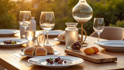 Fototapeta premium Modern iftar with minimalistic setting on a wooden table